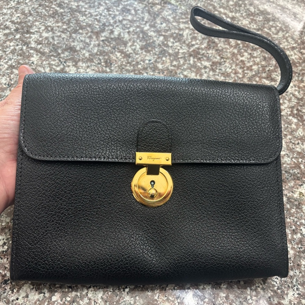 Salvador Ferragamo Gold and Black Women's clutch bag